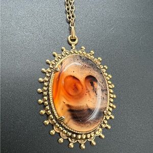 Vtg Large Oval Glass Pendant Prong Set With 24” Gold Tone Necklace